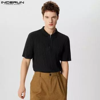 INCERUN Summer Men Short Sleeve Knitted Tops Zipper Up Lapel Neck T-shirts S чёрный