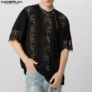 INCERUN Summer Men Short Sleeve Lace Patchwork Loose See Through Beach T-shirts Tops M чёрный
