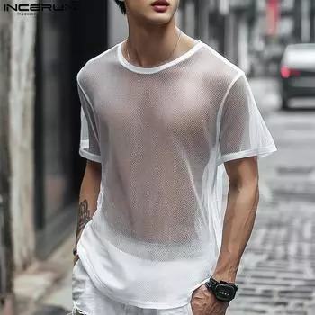 INCERUN Summer Men Short Sleeve Mesh Sheer Hollow Out Club Party T-shirts M белый