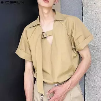 INCERUN Summer Men Short Sleeve Metal Buckle Neck Solid Color Casual T-shirts XL хаки