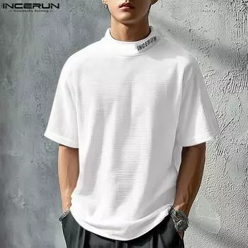 INCERUN Summer Men Short Sleeve Stitching Print Casual Loose Texture T-shirts Tops S белый