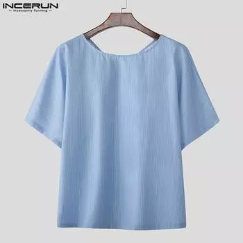 INCERUN Summer Men Short Sleeve Striped Back Bow Knot Ruffled Party T-shirts S бежевый