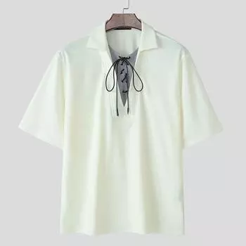 INCERUN Summer Men Short Sleeve Striped Patchwork Lace-up Casual Loose T-shirts 4XL