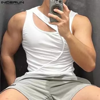 INCERUN Summer Men Sleeveless Cutout Solid Color Undershirts Tank Tops S