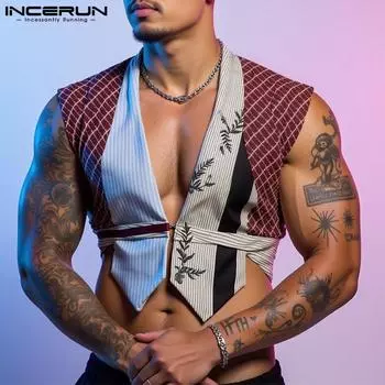 INCERUN Summer Men Sleeveless Plaid Striped Print Irregular Short Tank Tops M красный
