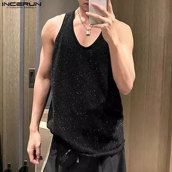 INCERUN Summer Men Sleeveless Print Casual Loose Tank Tops S чёрный