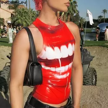 INCERUN Summer Men Sleeveless Print Tank Tops Casual Skinny Stretch T-shirts красный