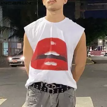 INCERUN Summer Men Sleeveless Print Tank Tops Casual Loose Oversized T-shirts XL белый