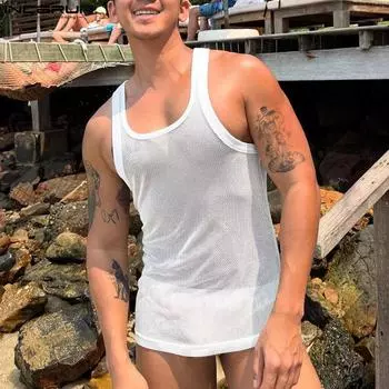 INCERUN Summer Men Sleeveless See Through Mesh Sheer Party Club Tank Tops S