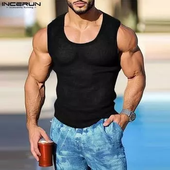 INCERUN Summer Men Sleeveless Semi-Sheer Casual Slim Tank Tops T-shirts XL чёрный