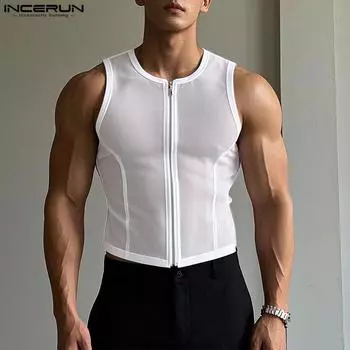INCERUN Summer Men Sleeveless Skinny Semi-Sheer Zipper Sport Tank Tops S белый