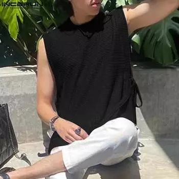 INCERUN Summer Men Sleeveless Solid Color Side Lace-up Casual Texture Long Tank Tops S чёрный