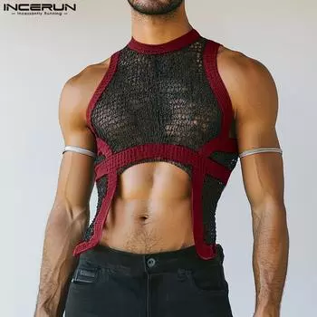 INCERUN Summer Men Sleeveless Stitching Irregular Cutout Hollow Out Tanks Tops S