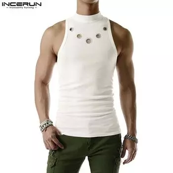 INCERUN Summer Men Sleeveless Tank Casual Hollow Out Tops L чёрный
