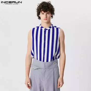INCERUN Летние мужские майки без рукавов с воротником-стойкой и пуговицами в полоску 2XL жёлтый