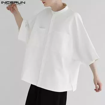 INCERUN Summer Men Stand Neck 3/4 Sleeve Solid Color Shirts Button Up Casual Tops S темно-зеленого