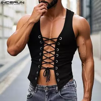 INCERUN Summer Men Strap Sleeveless Front Bandage Party Fitted Tank Tops M чёрный