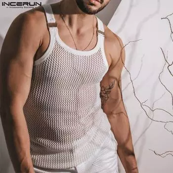 INCERUN Summer Men Strap Sleeveless Hollow Out Mesh Sheer Fishnet Beach Tank Tops S