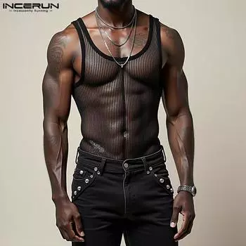INCERUN Summer Men Strap Sleeveless Mesh Sheer See Through Tank Tops Partywear Clubwear S