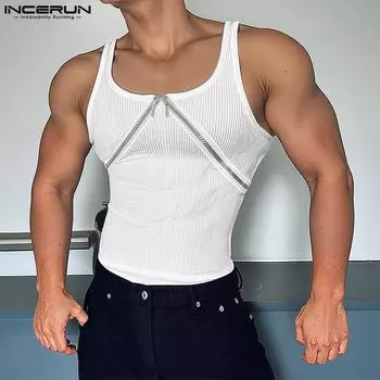 INCERUN Summer Men Strap Sleeveless Rib Zipper Casual Fitted Tank Tops S