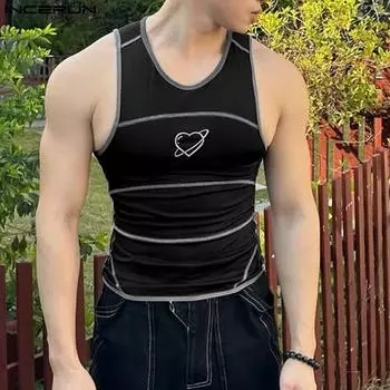 INCERUN Summer Men Strap Sleeveless Stitching Embroidery Casual Sport Irregular Tank Tops S темно-серого