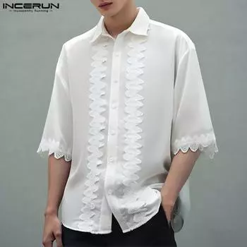 INCERUN Summer Men Turn-down Collar Half Sleeve Lace Patchwork Casual Shirts 4XL