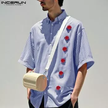 INCERUN Summer Men Turn-down Collar Short Sleeve Striped Floral Casual Shirts M красный