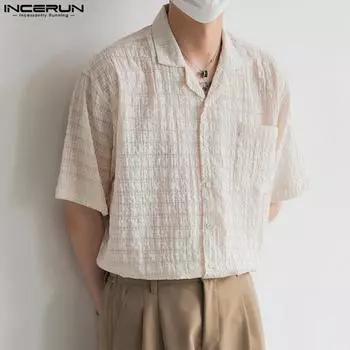 INCERUN Летние мужские рубашки с отложным воротником и текстурой, короткие рукава, клетчатые топы с цветочным принтом M бежевый