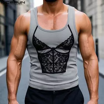 INCERUN Summer Men U Neck Sleeveless Print Casual Fitted Tank Tops S хаки