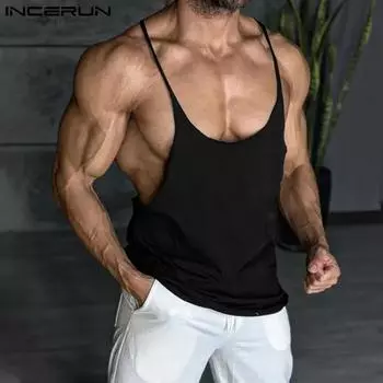 INCERUN Summer Men U Neck Sling Sleeveless Casual Loose Tank Tops Camisole S чёрный