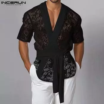 INCERUN Summer Men V Neck Short Sleeve Mesh Sheer Lace Bandage T-shirts M чёрный