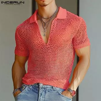 INCERUN Summer Men V Neck Short Sleeve Mesh Sheer Hollow Beach T-shirts S чёрный