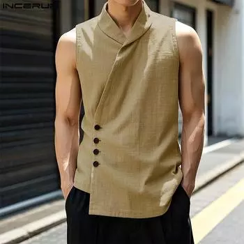 INCERUN Summer Men V Neck Sleeveless Buttons Side Casual Cargo Tank Tops 3XL серый