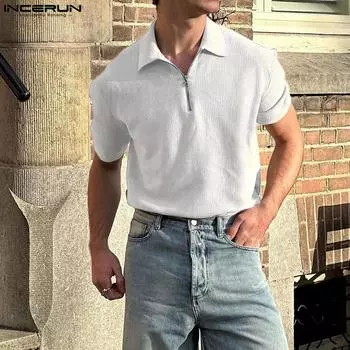 INCERUN Summer Men Zip-up Lapel Neck Short Sleeve Texture Casual T-shirts Tops M белый
