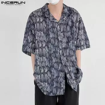INCERUN Summer Oversized Men Lapel Neck Short Sleeve Print Casual Shirts S синий