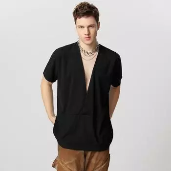 INCERUN Summer T Shirts Men V Neck Casual Loose Short Sleeve Tops XL чёрный