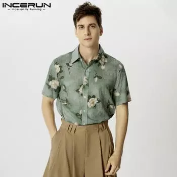 INCERUN Summer Vintage Men Short Sleeve Print T-Shirts Casual Loose Tops S зелёный