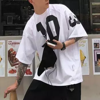 INCERUN свободные мужские футболки с круглым вырезом и принтом, с коротким рукавом, летние топы S белый