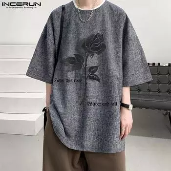 INCERUN свободные мужские футболки с круглым вырезом и коротким рукавом с цветочным принтом повседневные топы M коричневый
