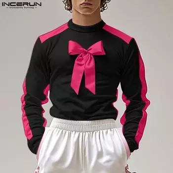 INCERUN свободные мужские футболки с круглым вырезом и длинным рукавом с бантом и вышивкой S розовый