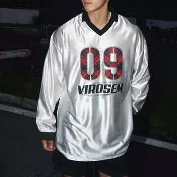 INCERUN свободные мужские футболки с V-образным вырезом и длинным рукавом с принтом в стиле пэчворк и блестками M серебряный