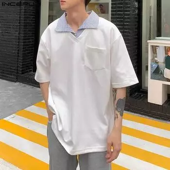 INCERUN свободные мужские контрастные полосатые топы с короткими рукавами повседневные свободные футболки S белый