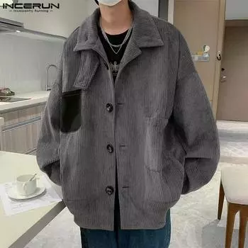 INCERUN свободные мужские лацканы с длинным рукавом на пуговицах теплые вельветовые куртки пальто M зелёный