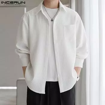 INCERUN свободные мужские осенние длинные рукава текстурные рубашки пальто повседневные топы M белый