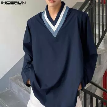 INCERUN свободные мужские полосатые топы с V-образным вырезом и длинным рукавом повседневные свободные футболки S чёрный