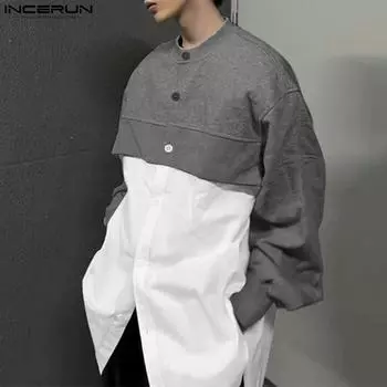 INCERUN свободные мужские рубашки с длинным рукавом в стиле пэчворк на пуговицах повседневные топы M белый