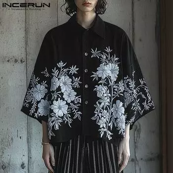 INCERUN свободные мужские рубашки с отложным воротником, рукавом 3/4, пуговицами, цветочным принтом, повседневные рубашки S чёрный