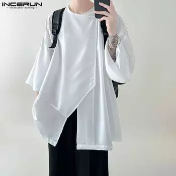 INCERUN свободные мужские рубашки с рукавом 3/4 на пуговицах нестандартные свободные топы L чёрный