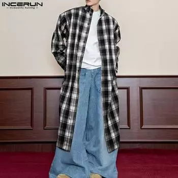INCERUN свободные мужские рубашки с воротником-стойкой и длинным рукавом в клетку, повседневные туники S красный