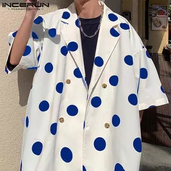 INCERUN свободные мужские рубашки в горошек с коротким рукавом повседневные топы с зазубренными лацканами S оранжевый